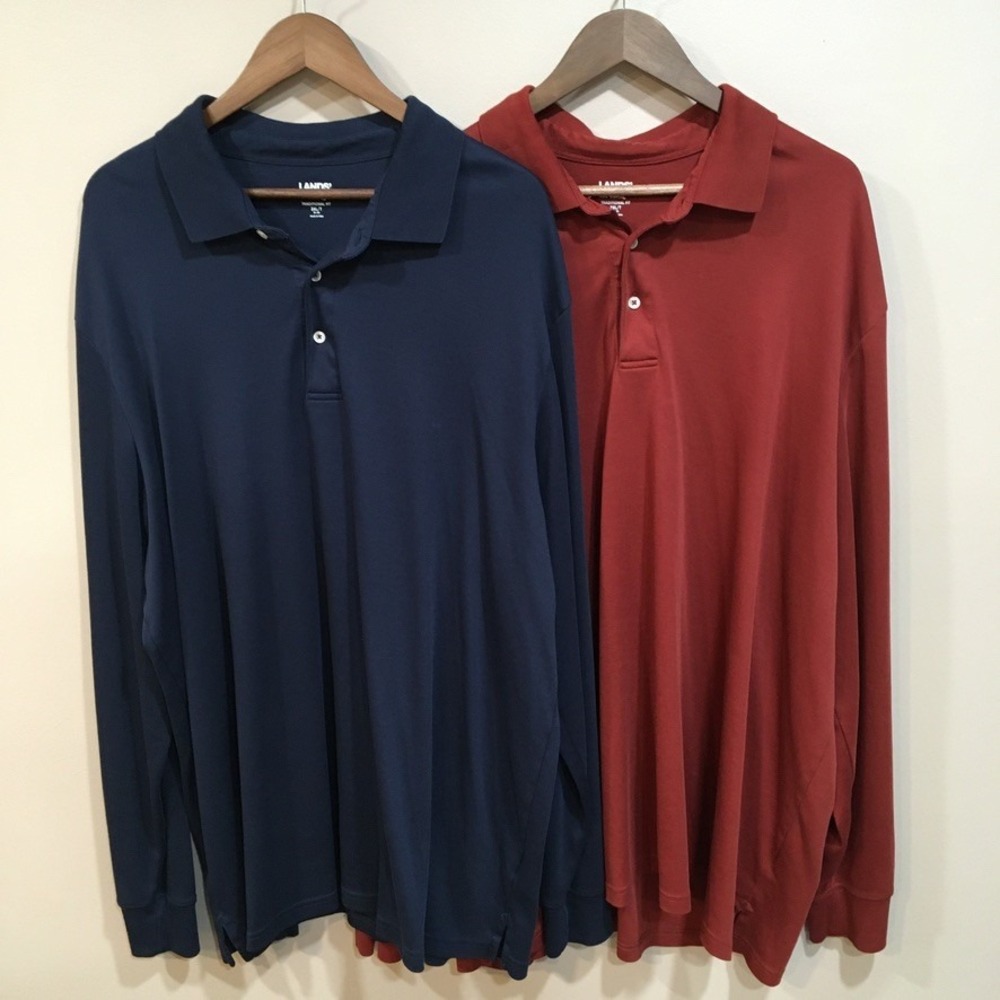 Lands End Traditional Fit Long Sleeve Polo Shirt Bundle Mens 3XLT Navy Blue Rust